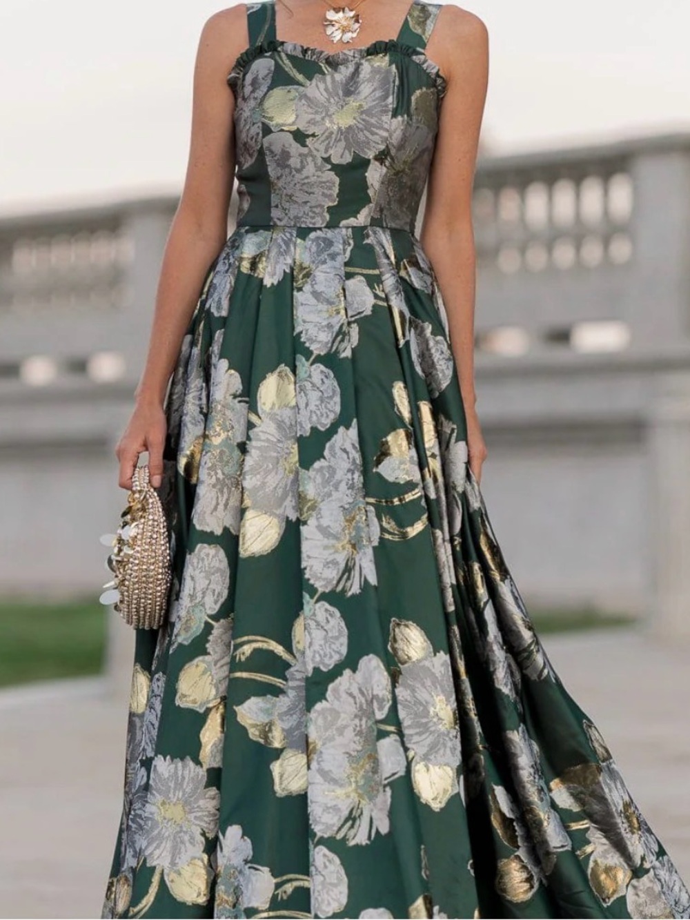 JessaKae Emerald Green Floral Gown with Gold & Silver Accents